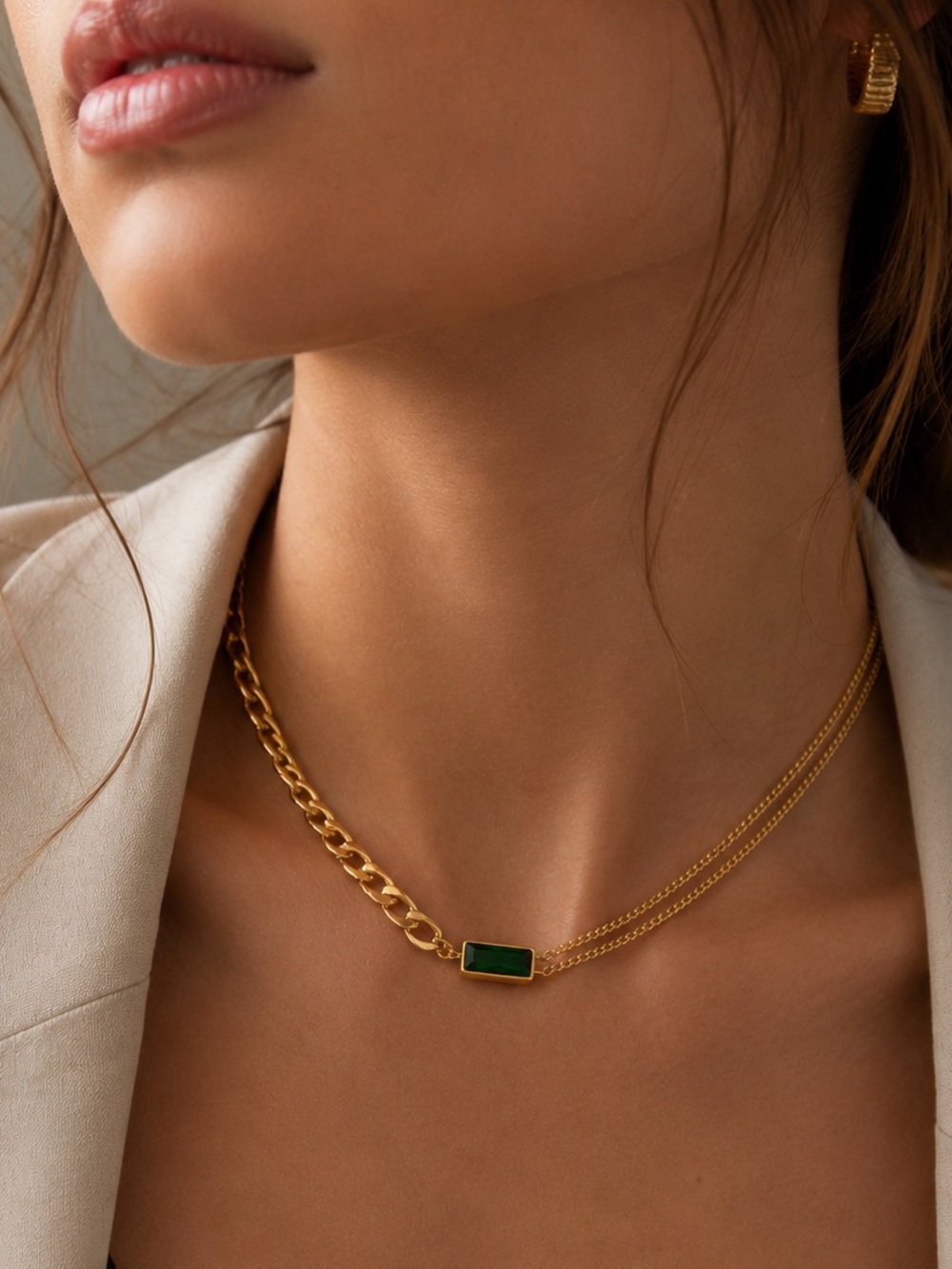 18K Gold Plated Emerald Green Pendant Cuban Chain Necklace